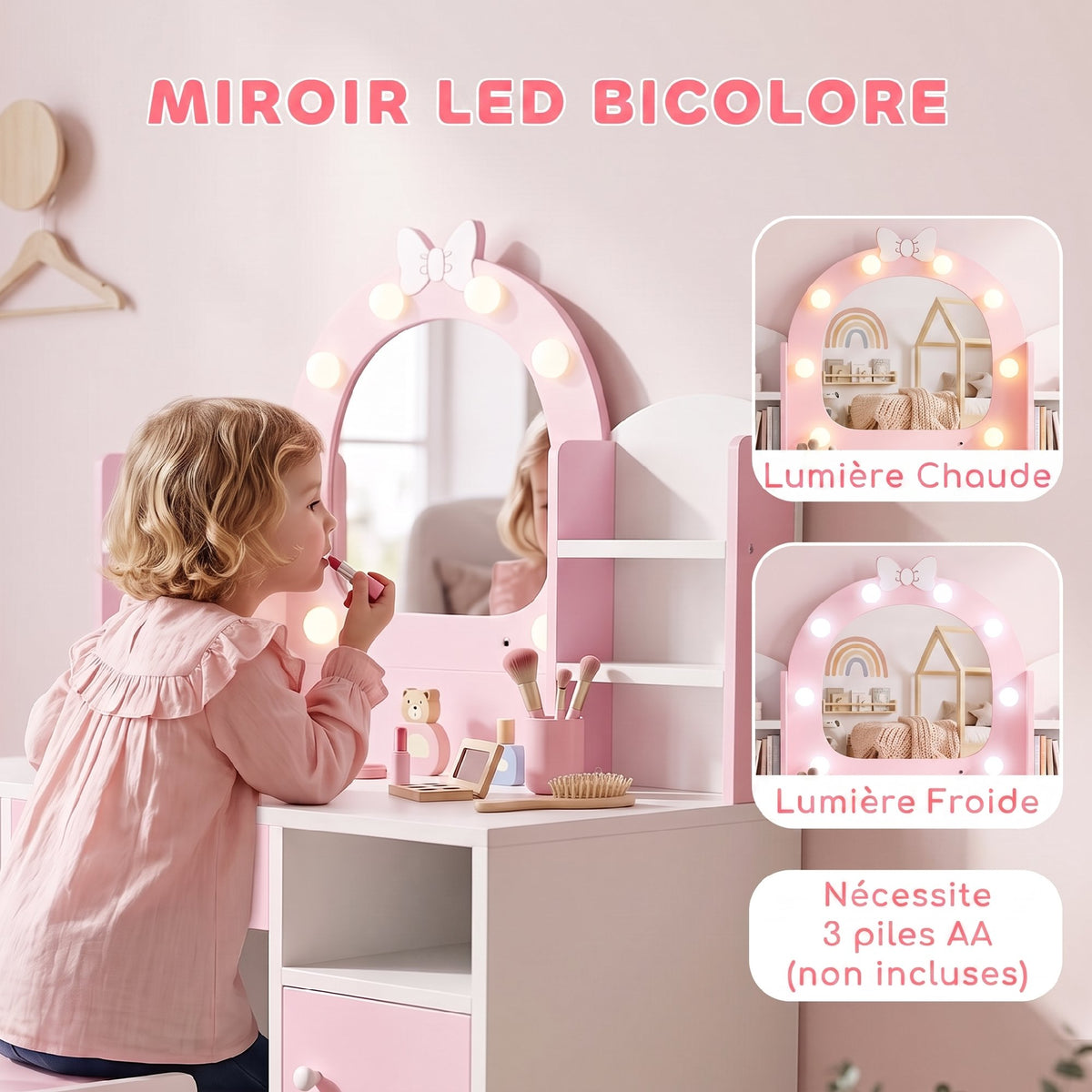 Coiffeuse pour Enfants avec Tabouret et Miroir Lumineux à 2 Couleurs en Acrylique, pour 3-8 Ans, 90 x 41 x 104 cm, Rose-3