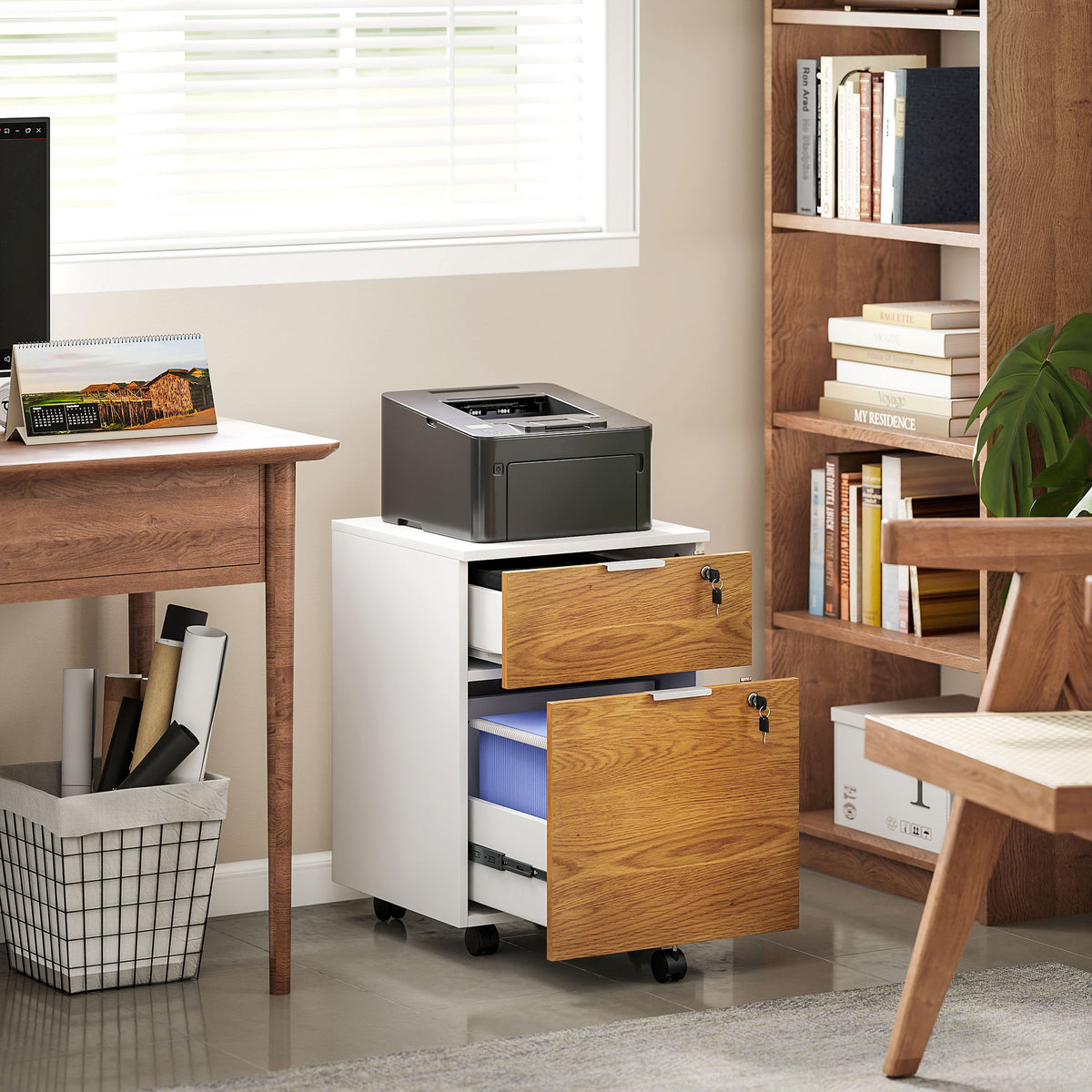 Caisson de bureau, meuble de rangement 2 tiroirs 2 barres pour dossier suspendu, verrouillable avec 2 clés 42x40x60 cm-1