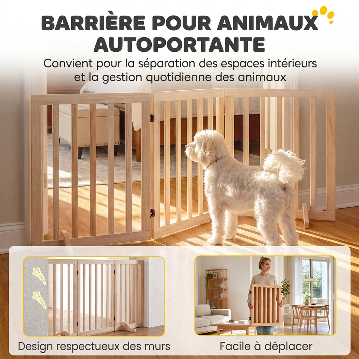 Barrière de Sécurité pour Chien Barrière Chien Sans Perçage Pliable et Autoportante 3 Panneaux 150 x 36 x 61 cm Naturel-3