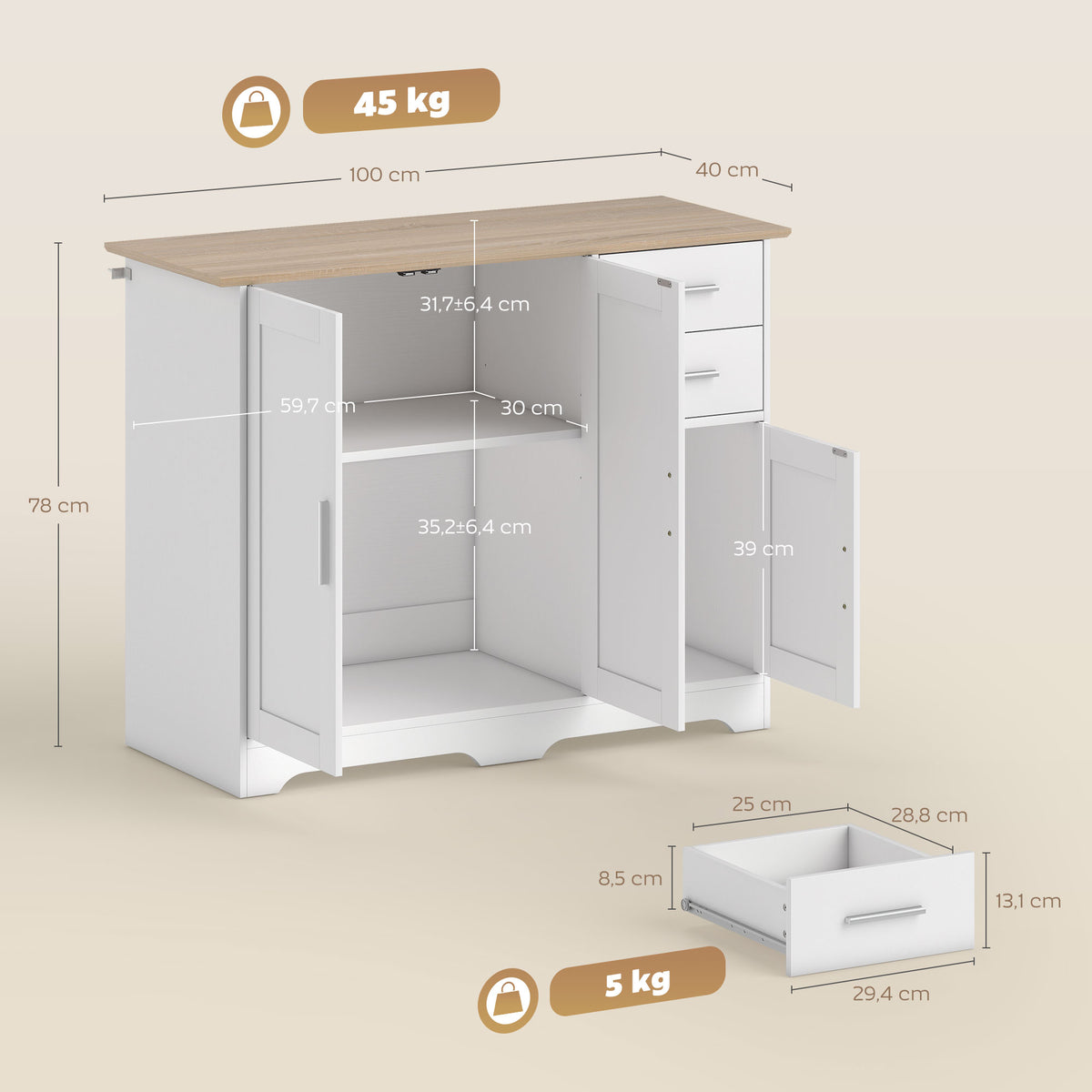 Buffet salon, meuble de rangement avec 2 tiroirs, 3 portes et étagère réglable, 100 x 40 x 78 cm, blanc et bois naturel-2