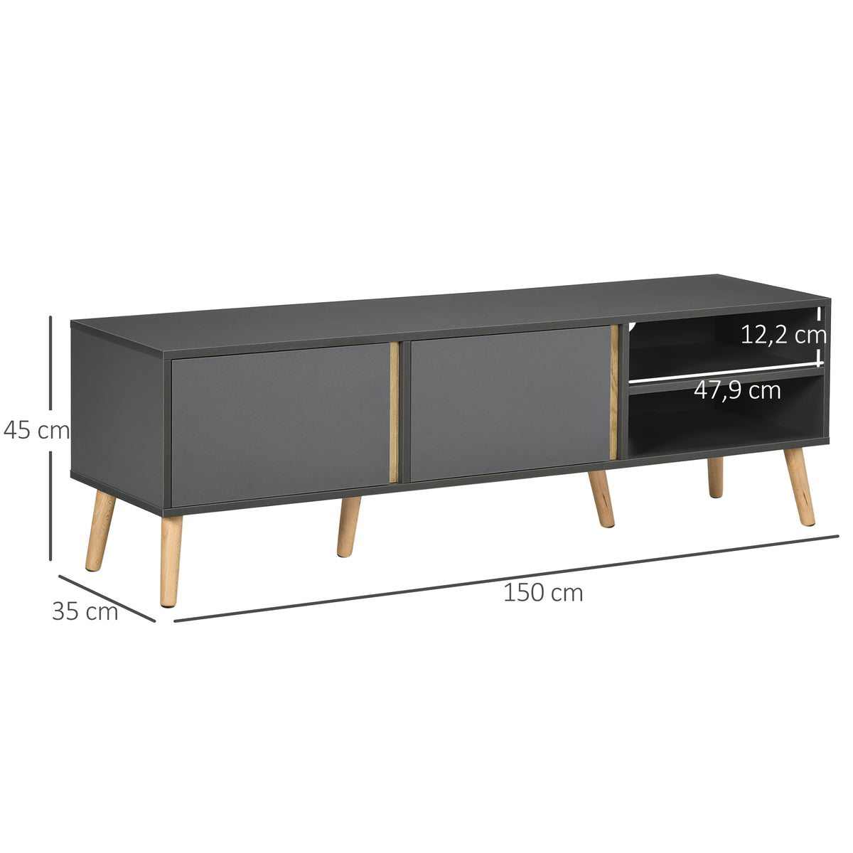 Meuble TV pour télévision jusqu'à 55 pouces scandinave 2 portes 2 niches avec passe-câbles 150 x 35 x 45 cm gris foncé-2