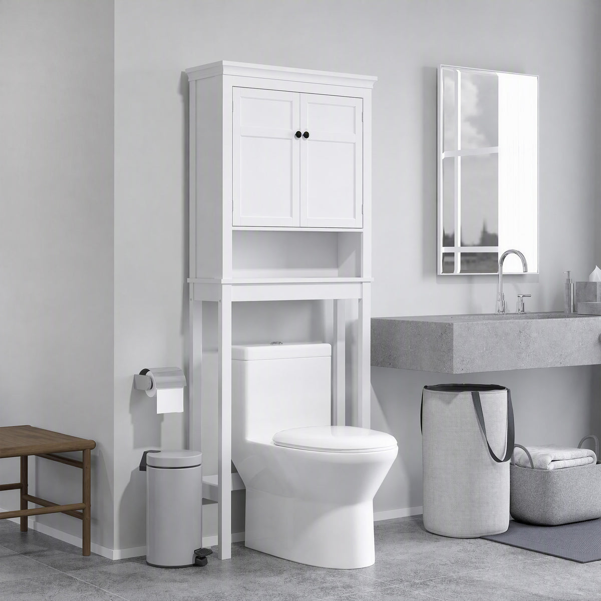 Meuble WC dessus de toilette meuble machine à laver meuble salle de bain placard 2 portes étagères réglables blanc-1