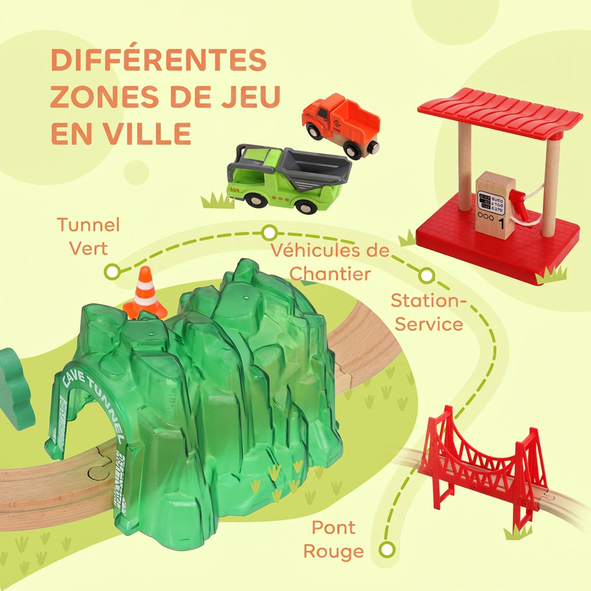 Circuit Train en Bois Enfant 91 Pièces avec Rails, Véhicules de Chantier, Pont, Sonores, 86,1x76,1x25cm, Multicolore-4