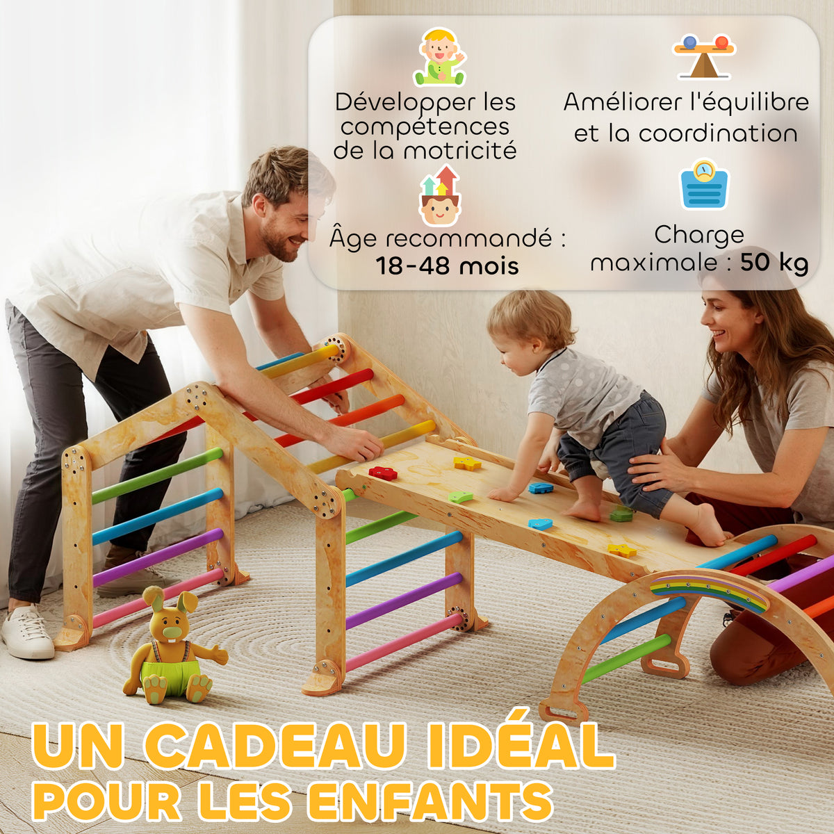 Triangle d'escalade enfant avec rampe réversible toboggan bascule et structure d'escalade multicolore-8