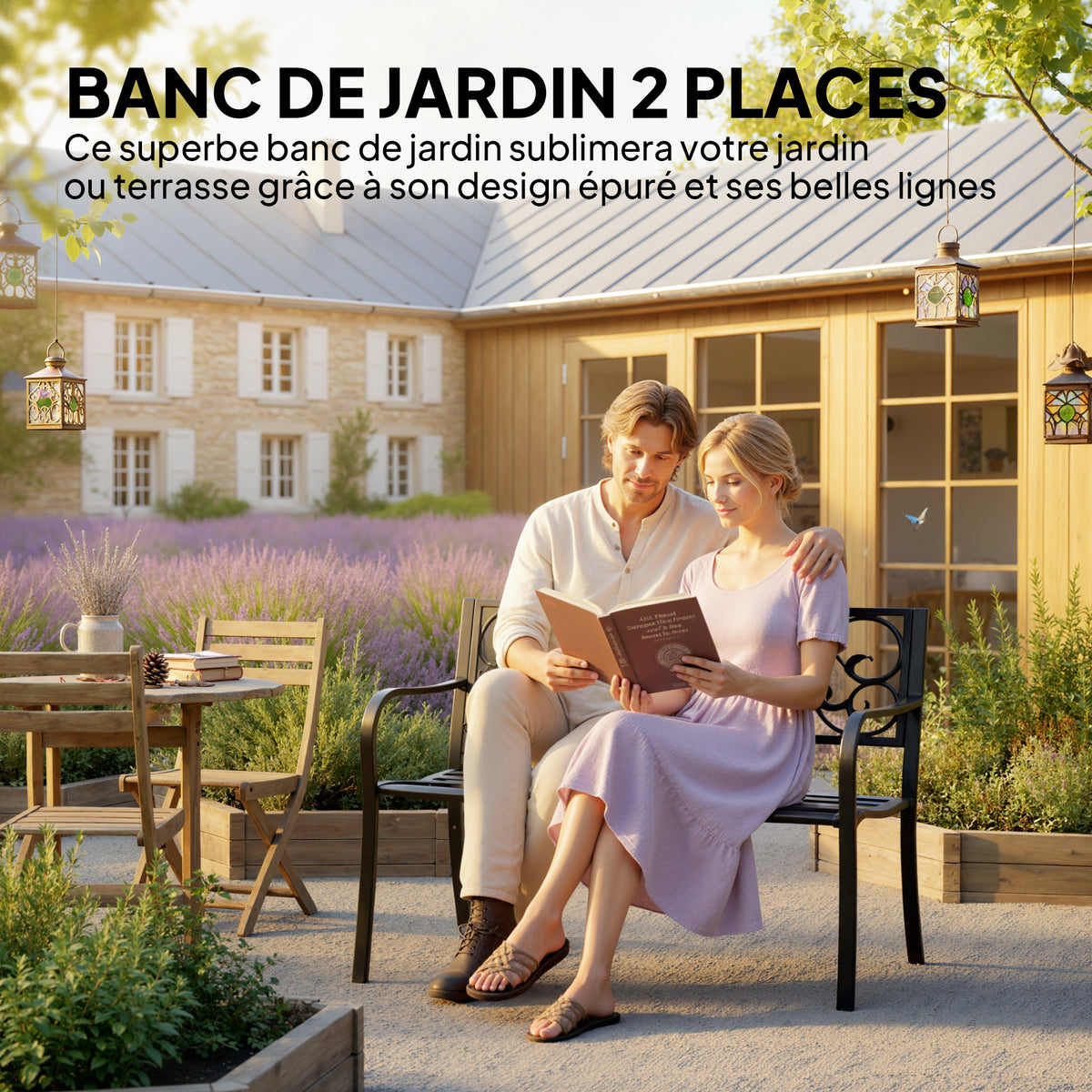 Banc de jardin 3 places terrasse Style Cosy Chic 127L x 60l x 85H cm métal époxy anticorrosion Noir-3