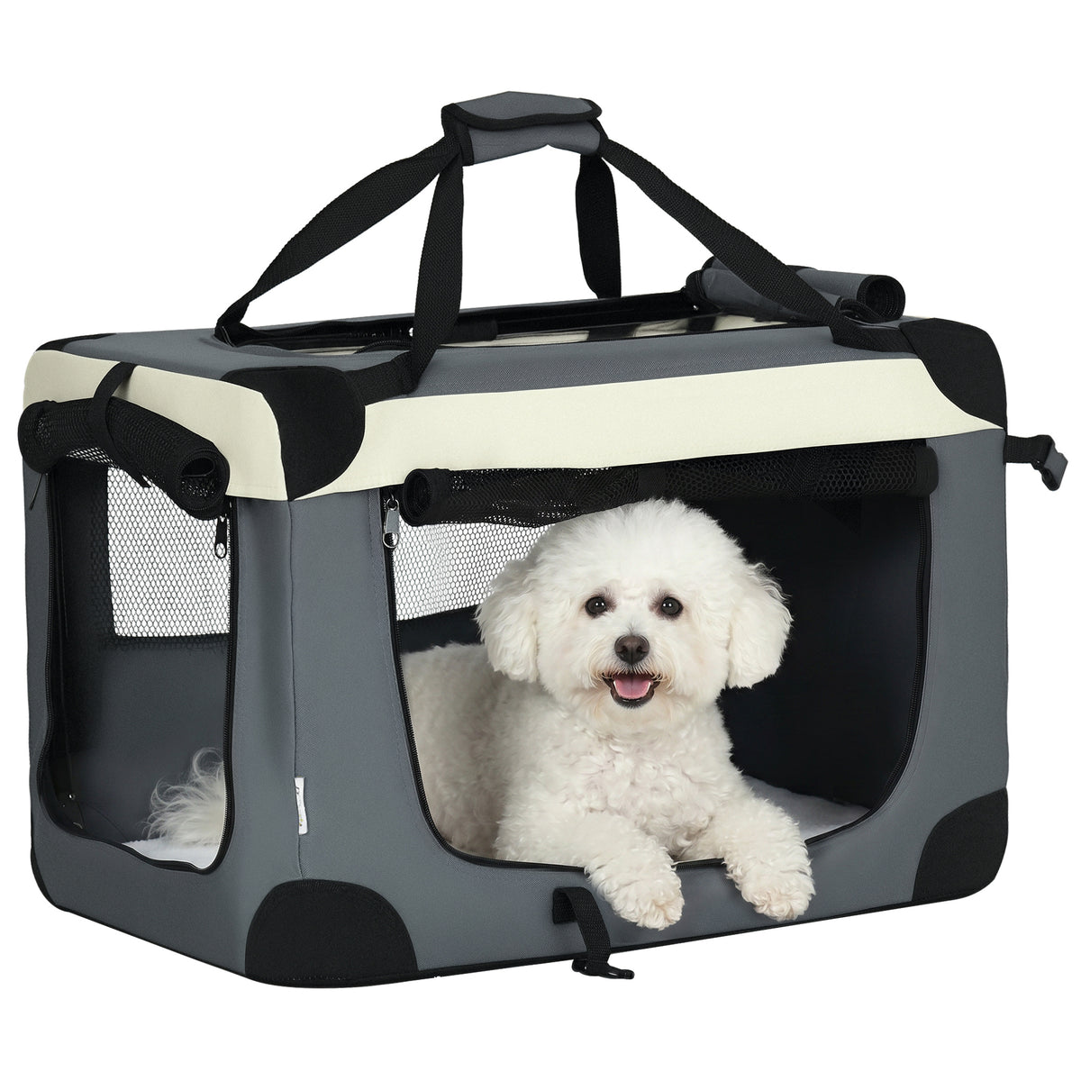 Sac de transport pliable - poignée, 3 entrées zippées, poche - coussin amovible - acier oxford polyester gris noir-0
