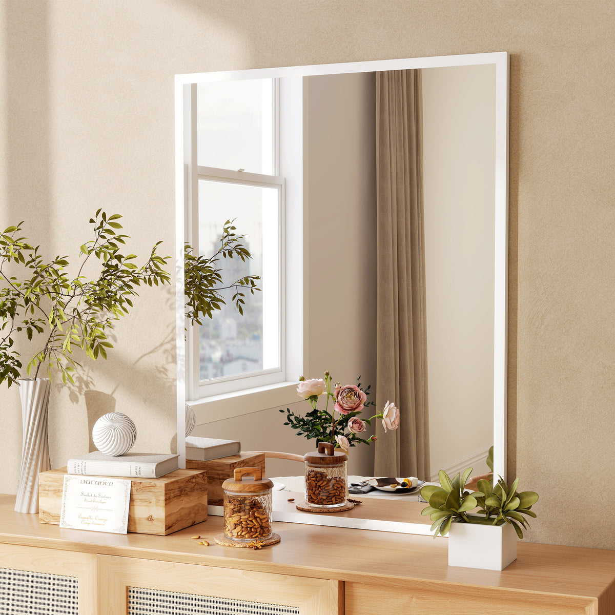 Miroir mural rectangulaire 90 x 70 cm, cadre en bois blanc, idéal pour la salle de bain, salon ou chambre-1