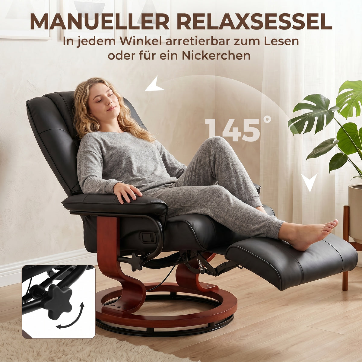 Fauteuil Relax Inclinable, Fauteuil de Salon, Repose-Pieds Réglable, Pivotant 360°, Piètement Bois, Revêtement Synthétique, Noir-3