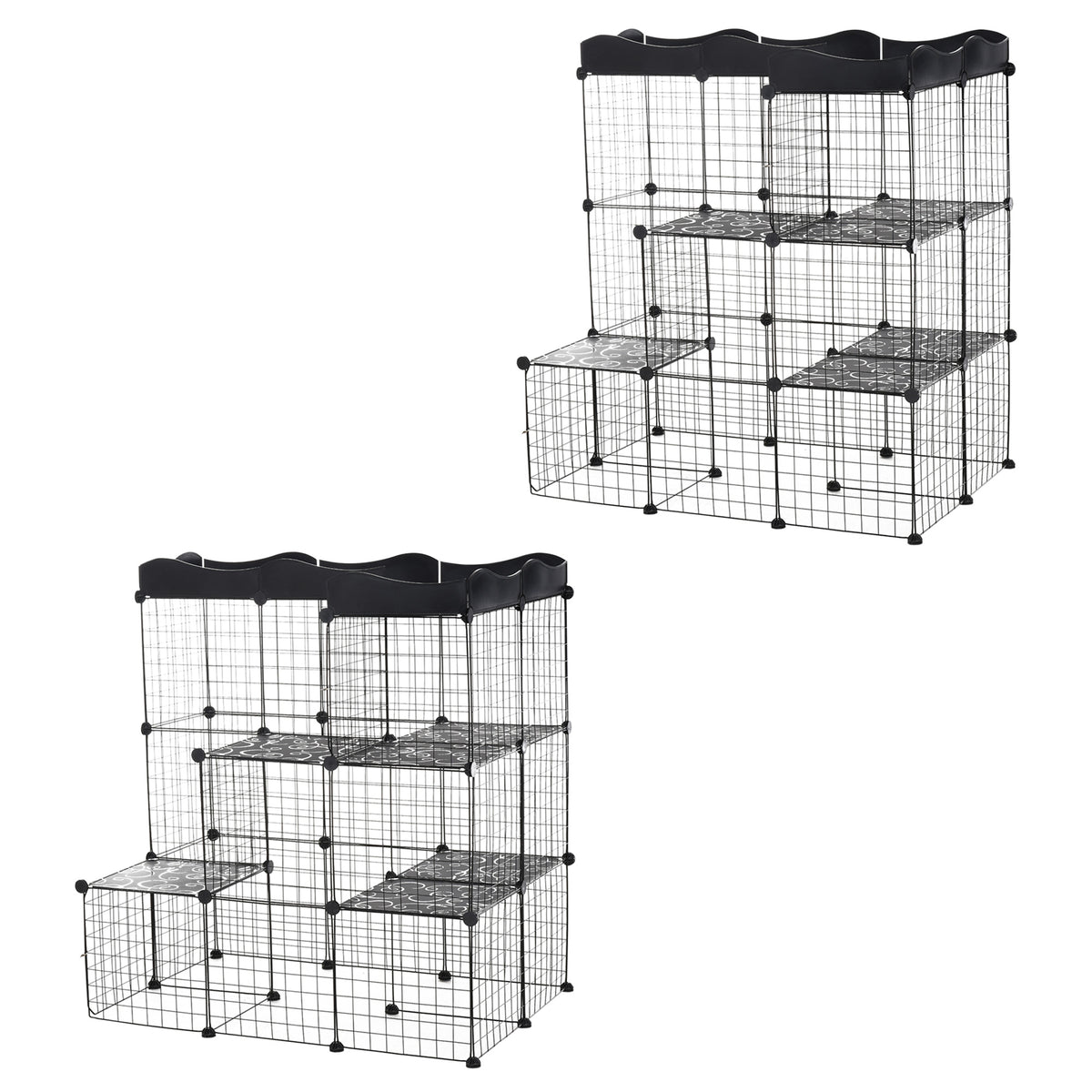 Lot de 2 cages parc enclos pour petits animaux chats visons modulable 3 niveaux 2 portes rampe fil métallique noir-0