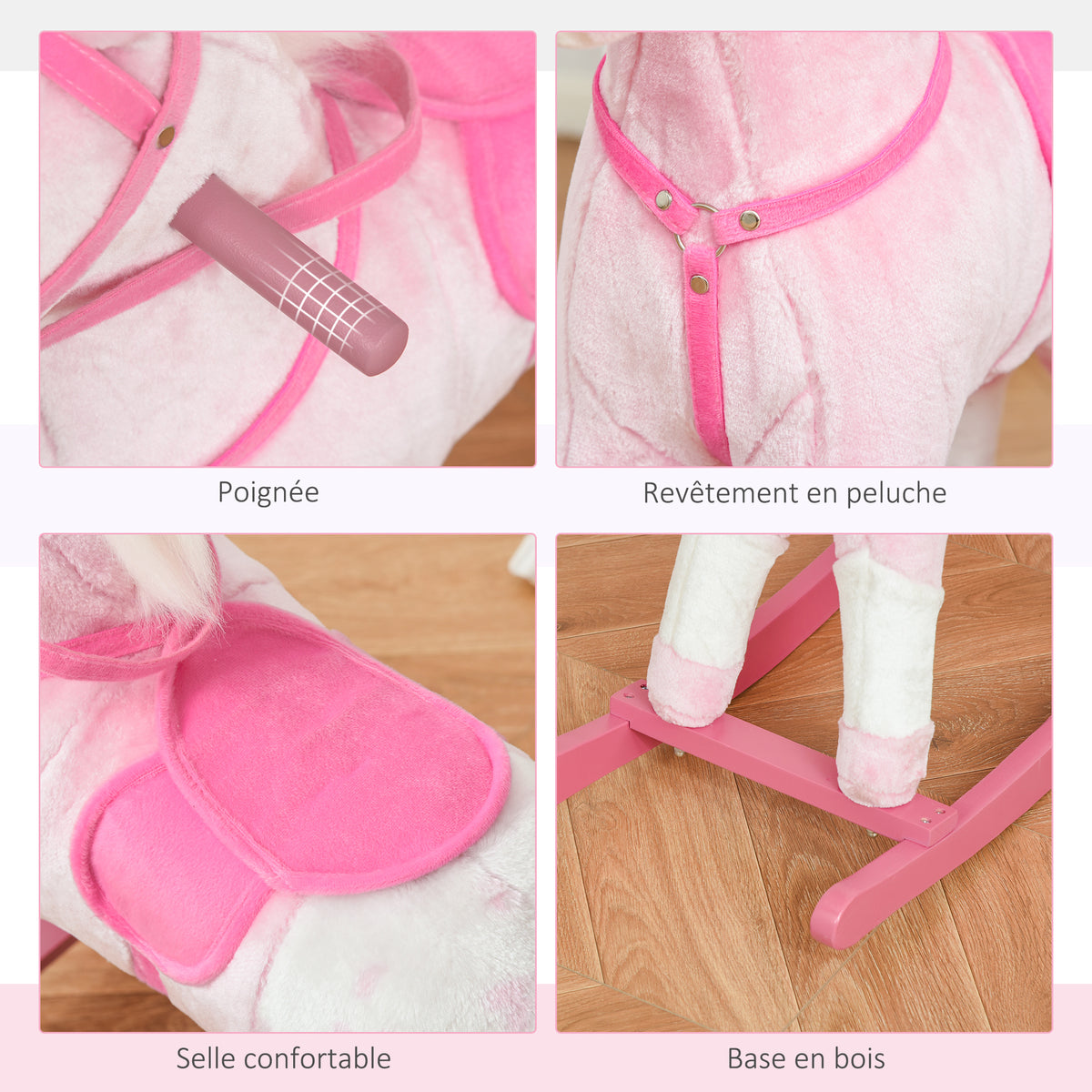 Cheval à Bascule en Bois et Peluche pour Enfant Cheval de Cowboy peluche Pour Enfants de 3-6 Ans Jouet balançoire avec Effet sonore Selle rênes Rose Blanc-6