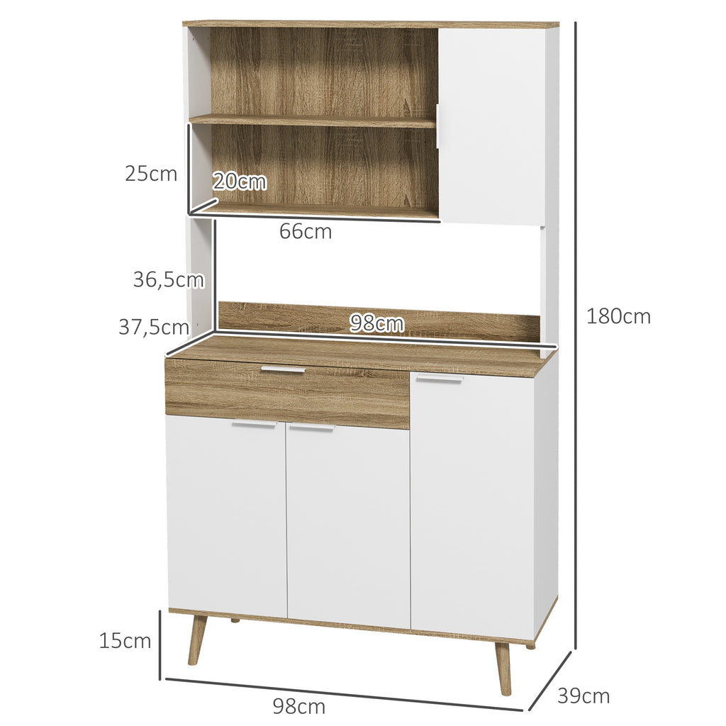 Armoire de cuisine meuble de rangement 4 portes 1 tiroir design scandinave 98 x 39 x 180 cm blanc et naturel-2