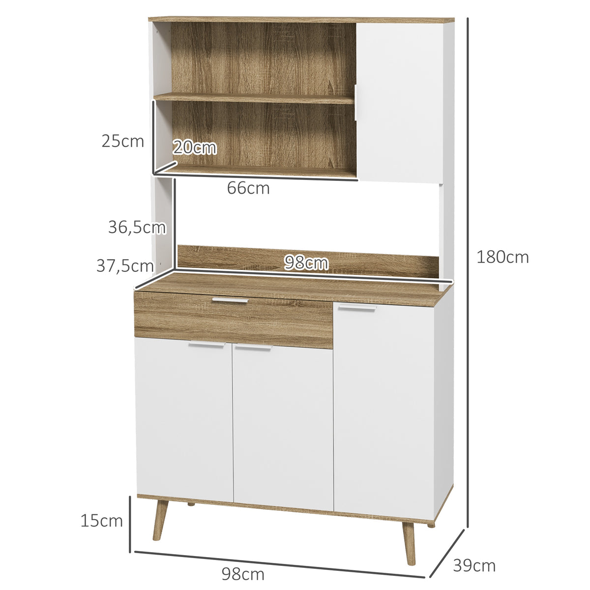 Armoire de cuisine meuble de rangement 4 portes 1 tiroir design scandinave 98 x 39 x 180 cm blanc et naturel-2