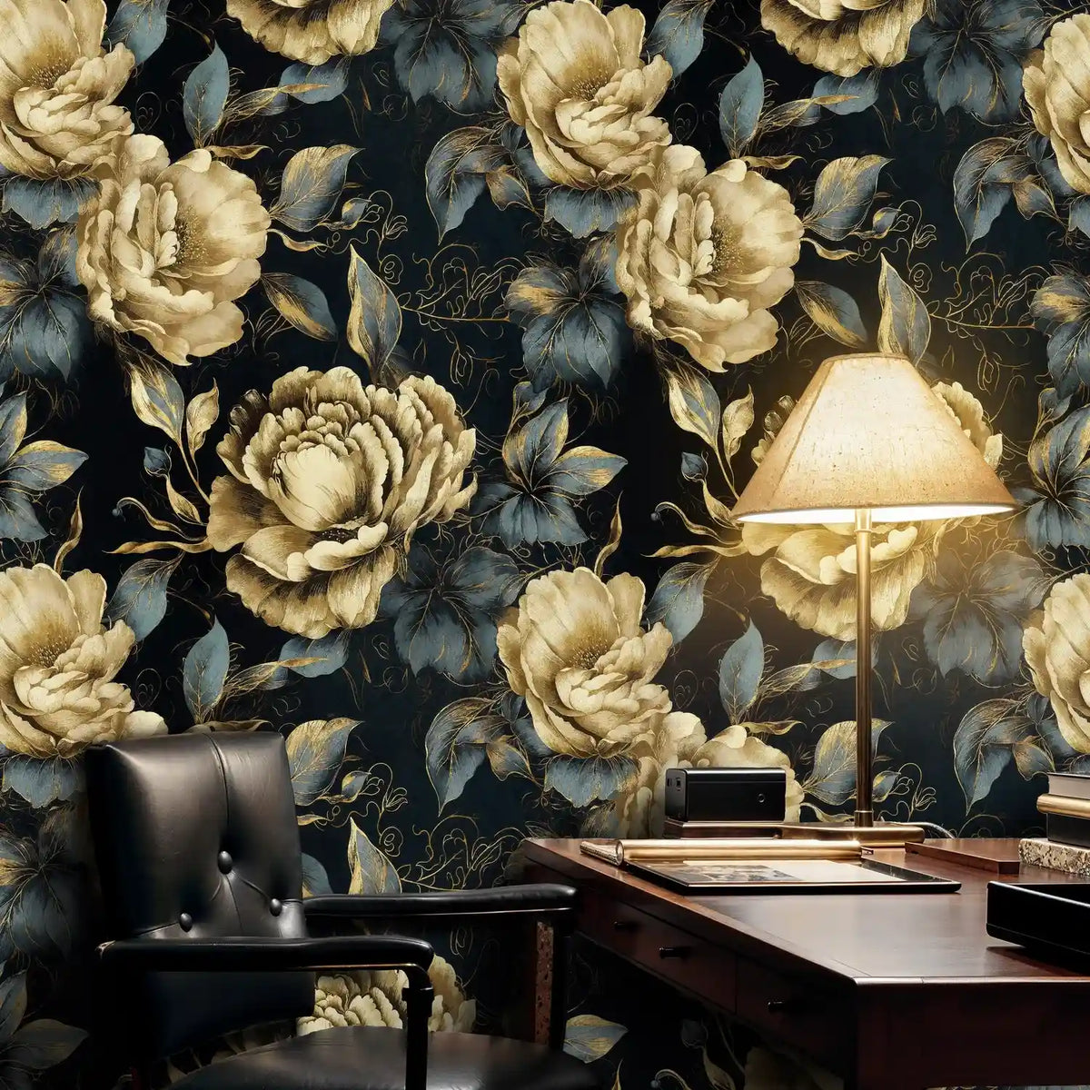 Papier peint pivoines dorées sur fond nuit