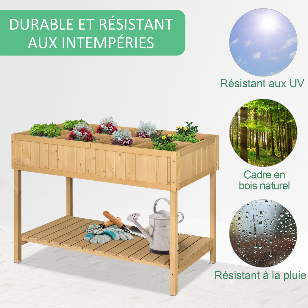Jardinière sur Pieds carré Potager avec étagère 110L x 46l x 76H cm 8 Compartiments & Inserts d'irrigation-4