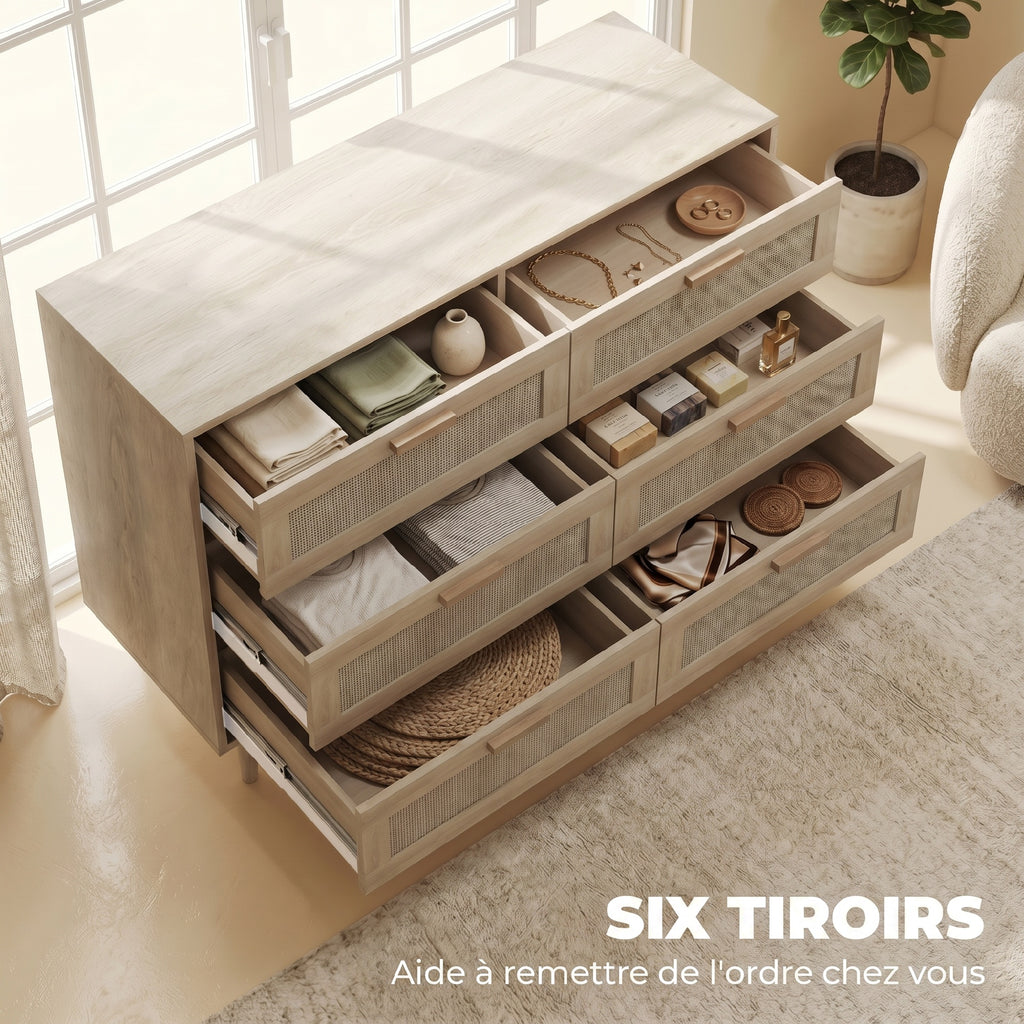 Commode 6 tiroirs meuble de rangement avec tissage en rotin dim. 110L x 40l x 75H cm Aspect Bois Clair-3
