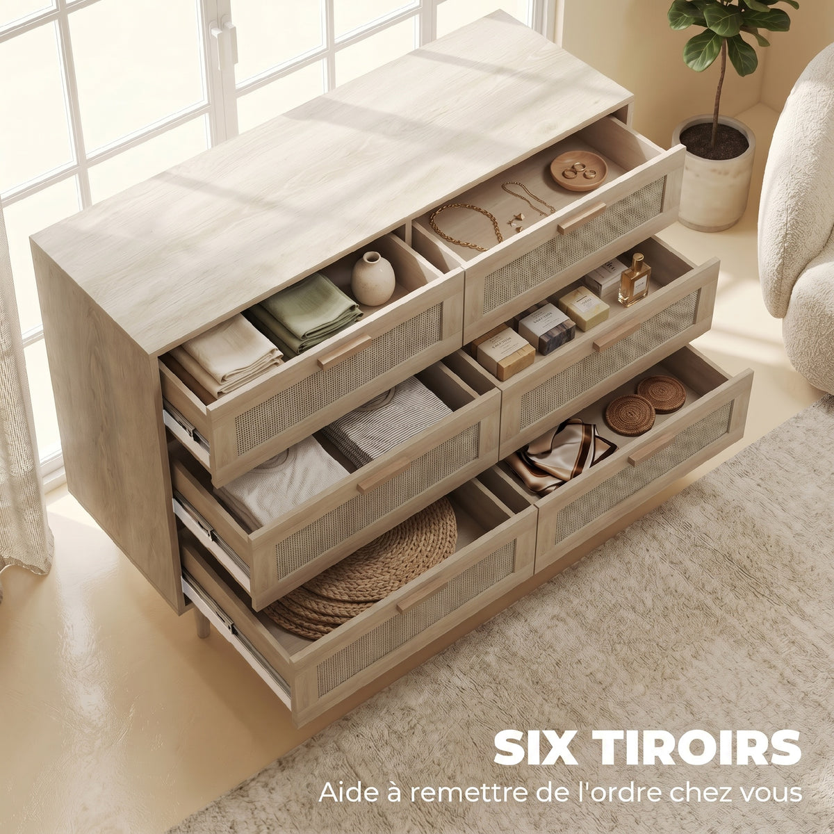 Commode 6 tiroirs meuble de rangement avec tissage en rotin dim. 110L x 40l x 75H cm Aspect Bois Clair-3