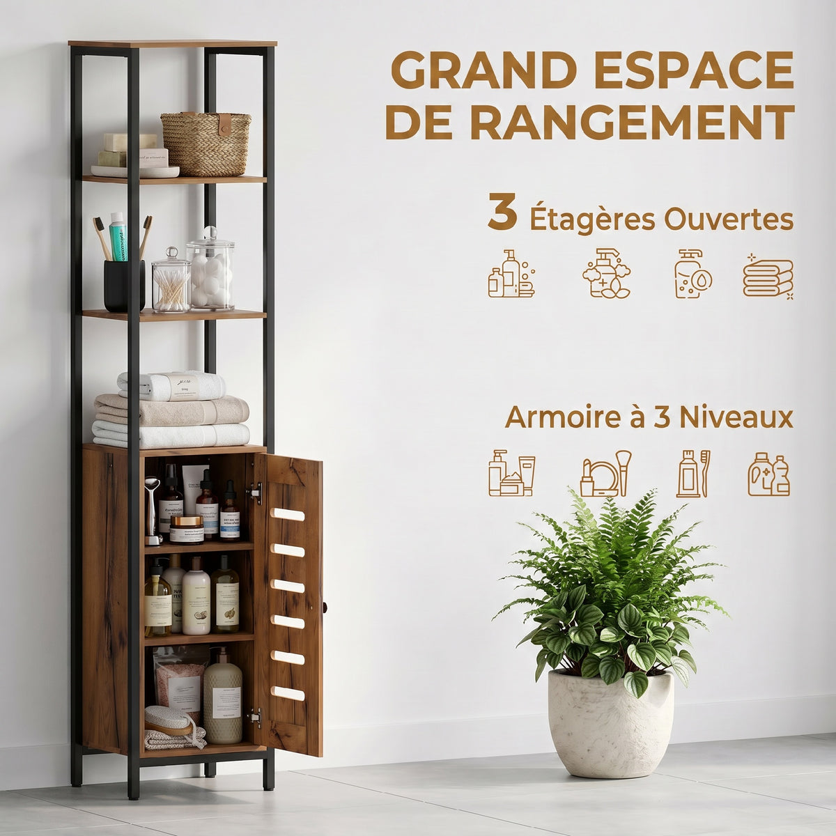 Meuble colonne de salle de bain industriel 3 étagères ouvertes porte à lamelles étagères réglables marron rustique-3