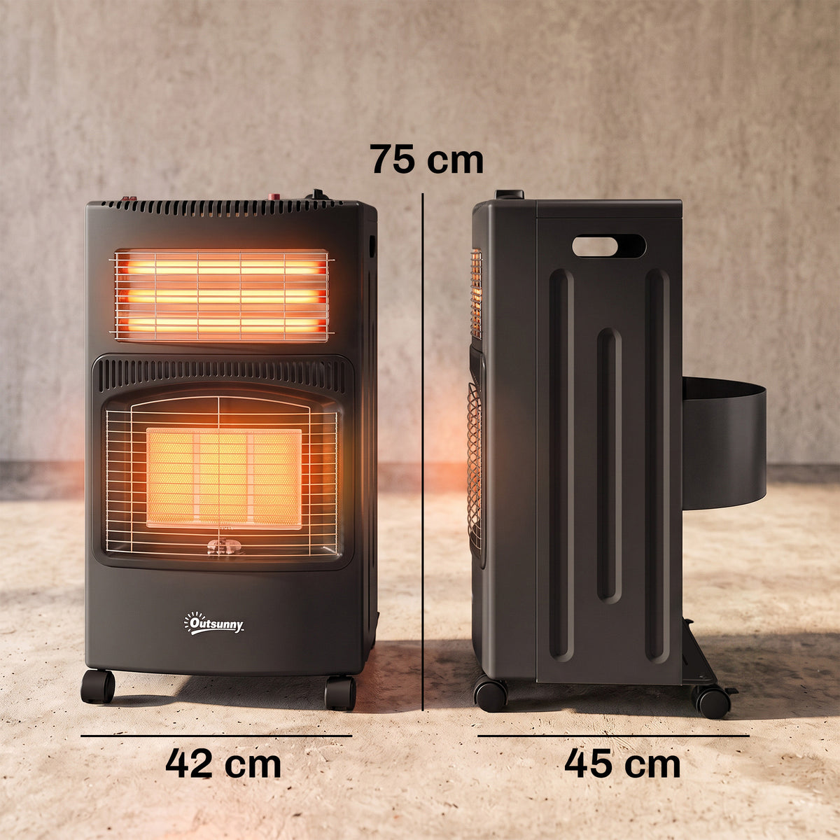 Chauffage d'Appoint Gaz et Électrique 4200W/1200W Infrarouge Pliable 3 Niveaux 2 Freins Sécurité ODS 45x42x75cm Noir-2