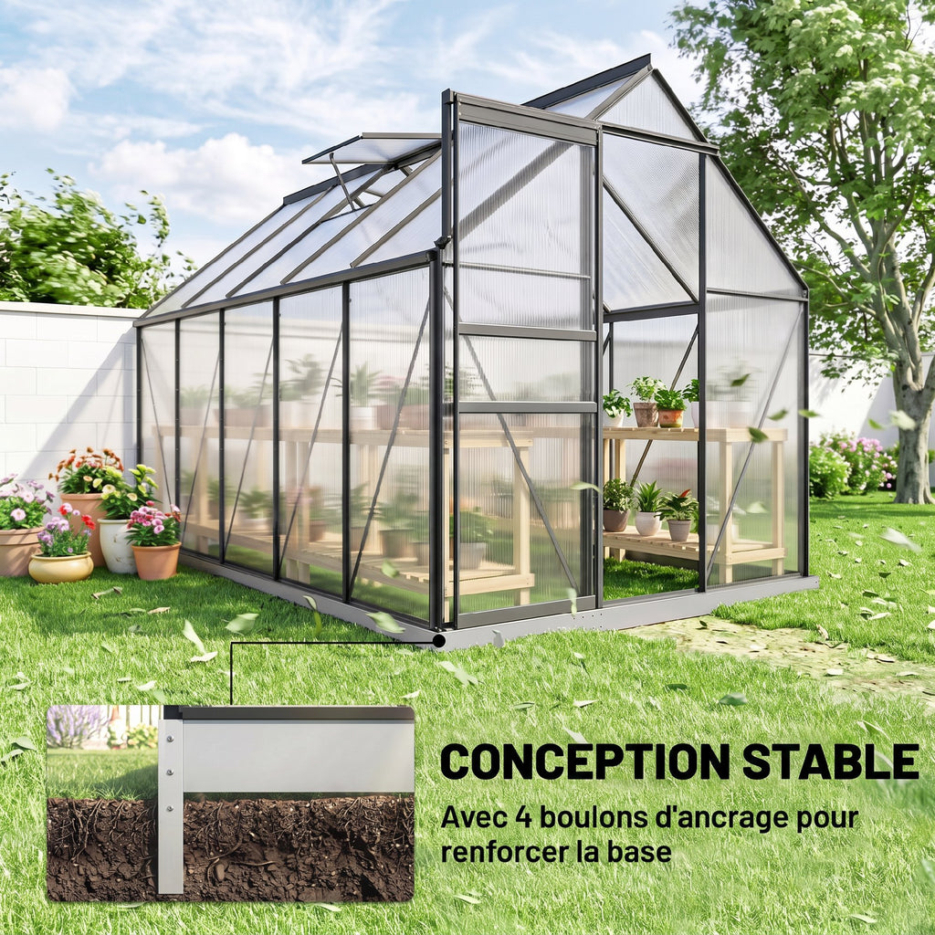Serre de jardin en aluminium polycarbonate avec fondation, serre avec fenêtre réglable porte coulissante 190x375x199cm-5