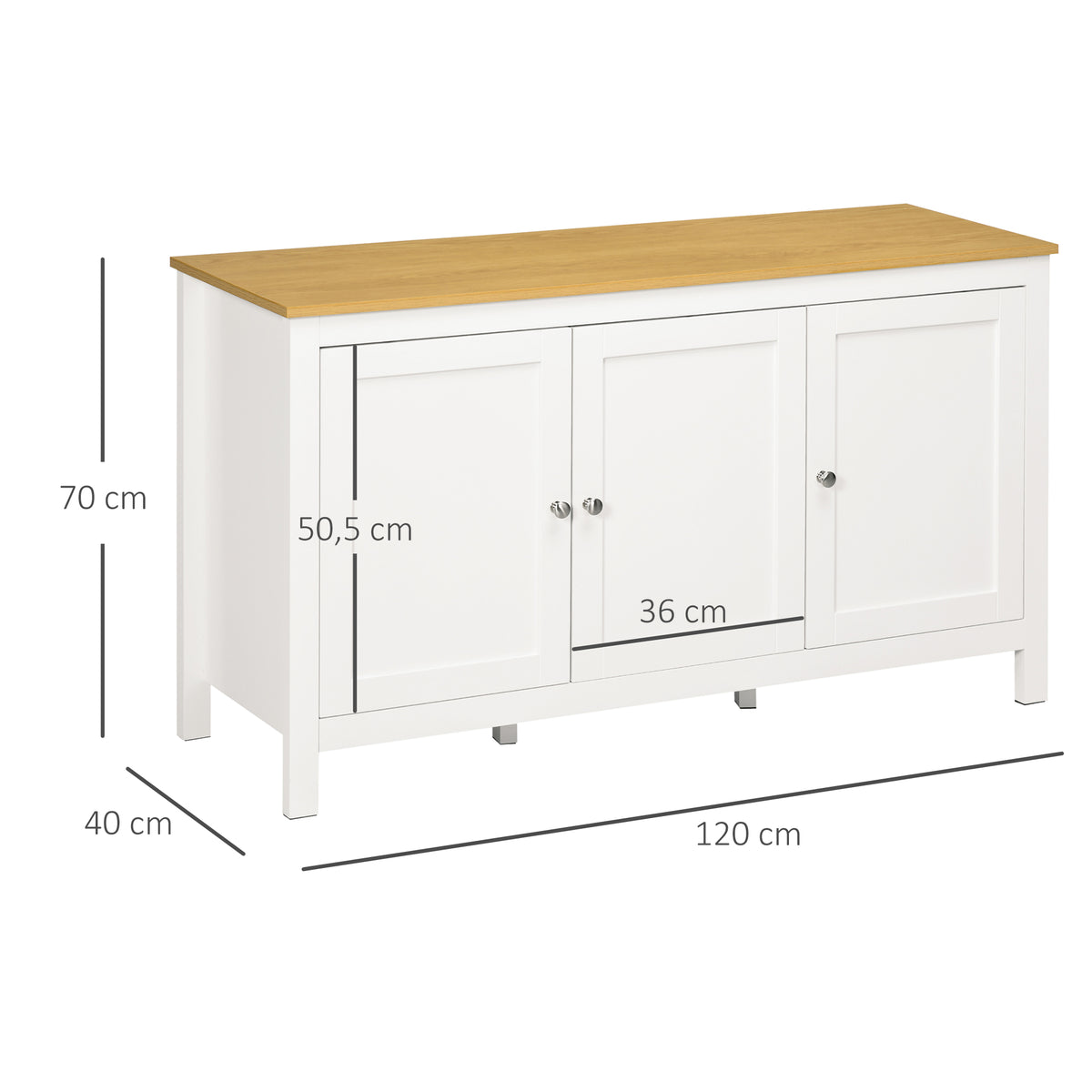 Buffet meuble de rangement avec 3 portes 2 étagères réglables plateau aspect bois clair 120 x 40 x 70 cm blanc-2