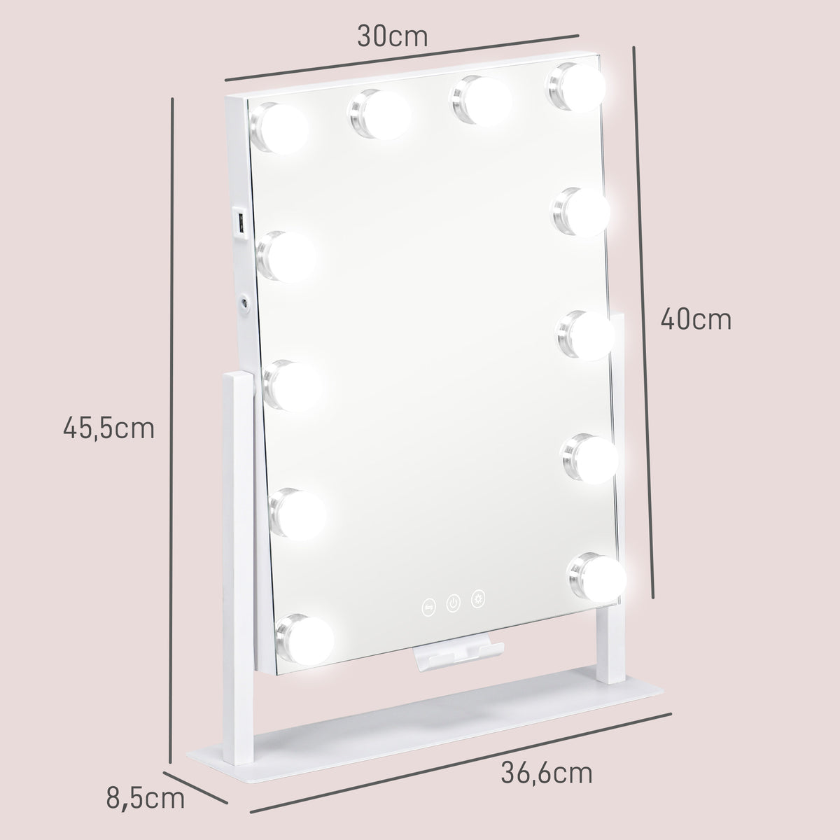 Miroir Hollywood avec LED 12 ampoules, luminosité réglable, rotation à 360°, grossissement 10X, touche tactile, blanc-2
