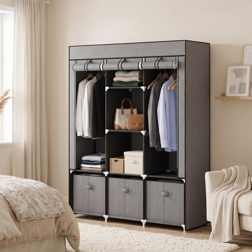 Armoire de rangement en tissu pliable avec 5 étagères, 2 tringles et 3 tiroirs en tissu 125L x 43l x 162.5H cm-6