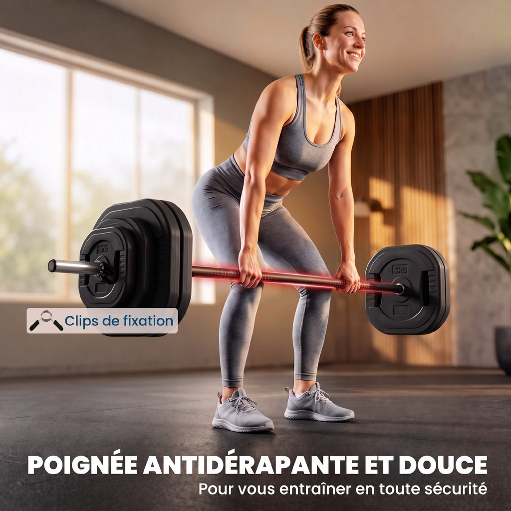 Ensemble d'Haltère 30 kg, Disques Carrés Réglables à Poignées, Barre Antidérapante en Acier 3 Parties, Noir-5