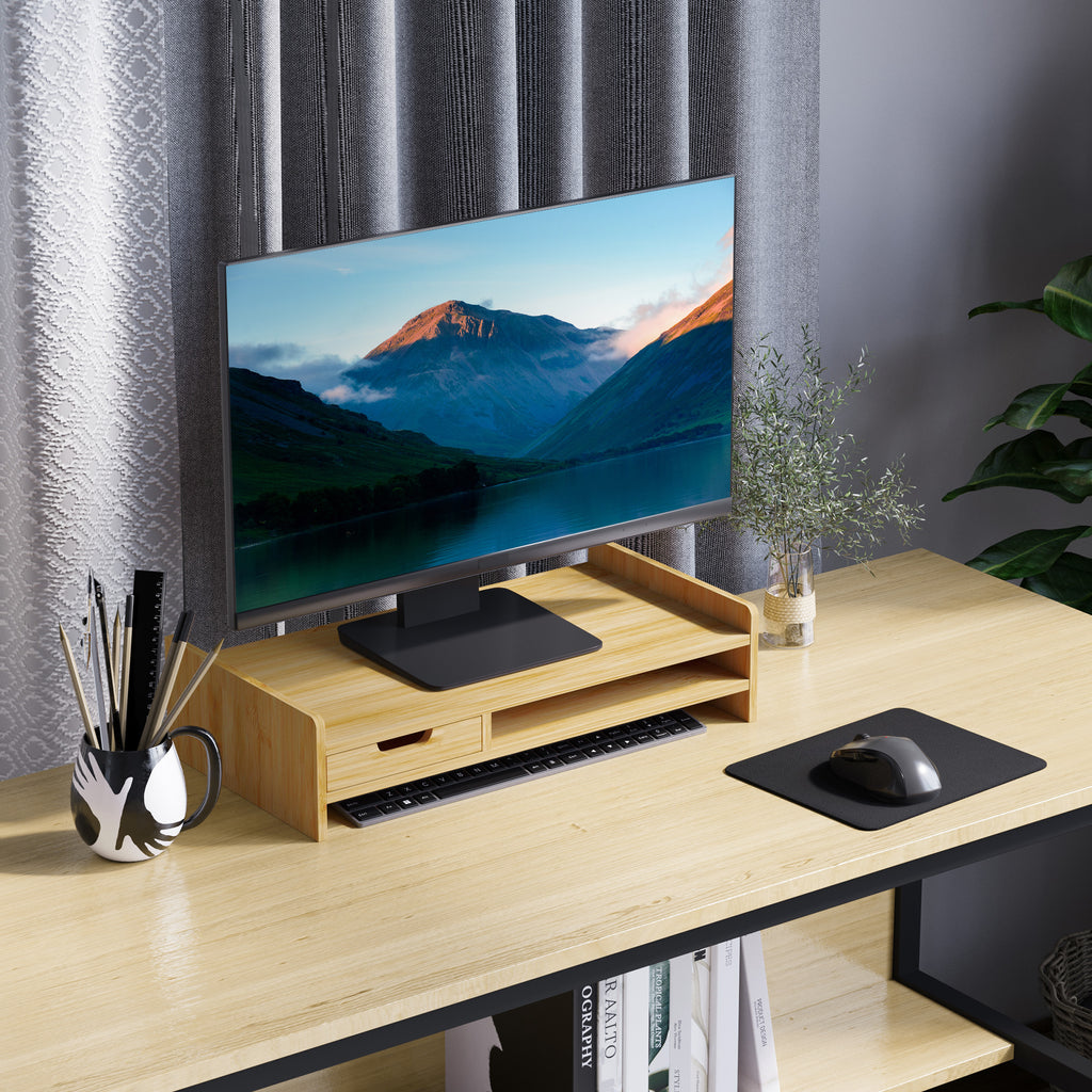 Support d'écran, Ordinateur portable Socle TV Ordinateur de bureau Organisateur avec tiroir Bambou-1