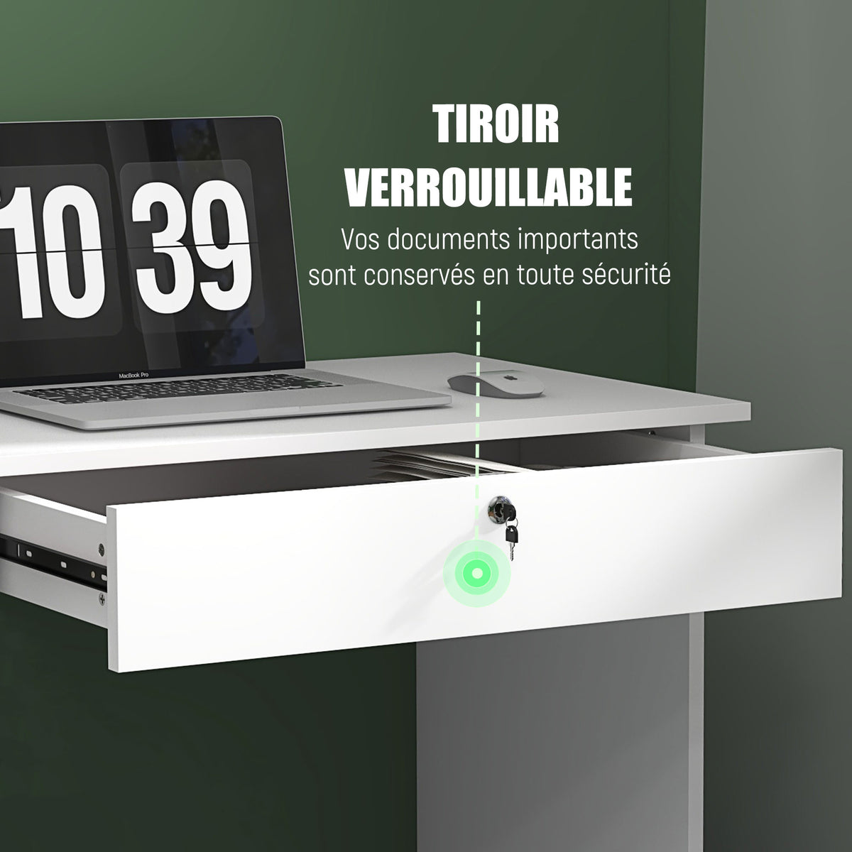 Bureau moderne avec 5 tiroirs, grand plateau, 1 compartiment ouvert, tiroir verrouillable, 110 x 50 x 76cm, blanc-4