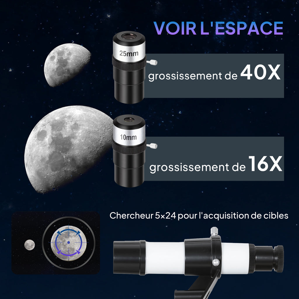 Télescope astronomique adultes et débutants 70 mm, télescope réfracteur 40X/16X trépied réglable, 80 x 80 x 135 cm blanc-4