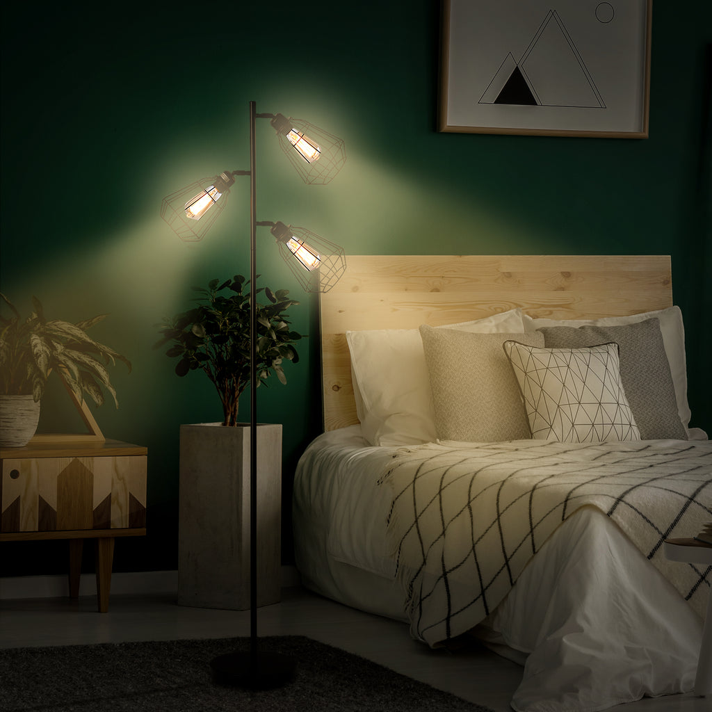 Lampadaire design industriel 3 ampoules max. 40 W abat-jour cage métal noir-6