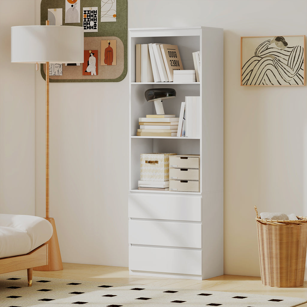 Bibliothèque haute de 180 cm avec 3 étagères et 3 tiroirs 60 x 35 x 180 cm en bois blanc-9