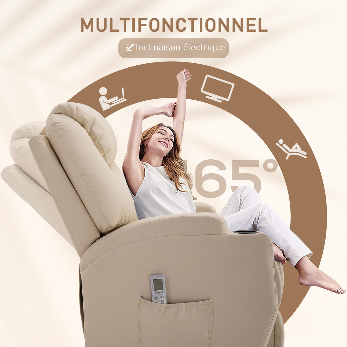 Fauteuil Luxe de Relaxation et Massage Inclinaison Dossier Repose-Pied électrique revêtement synthétique Crème-4