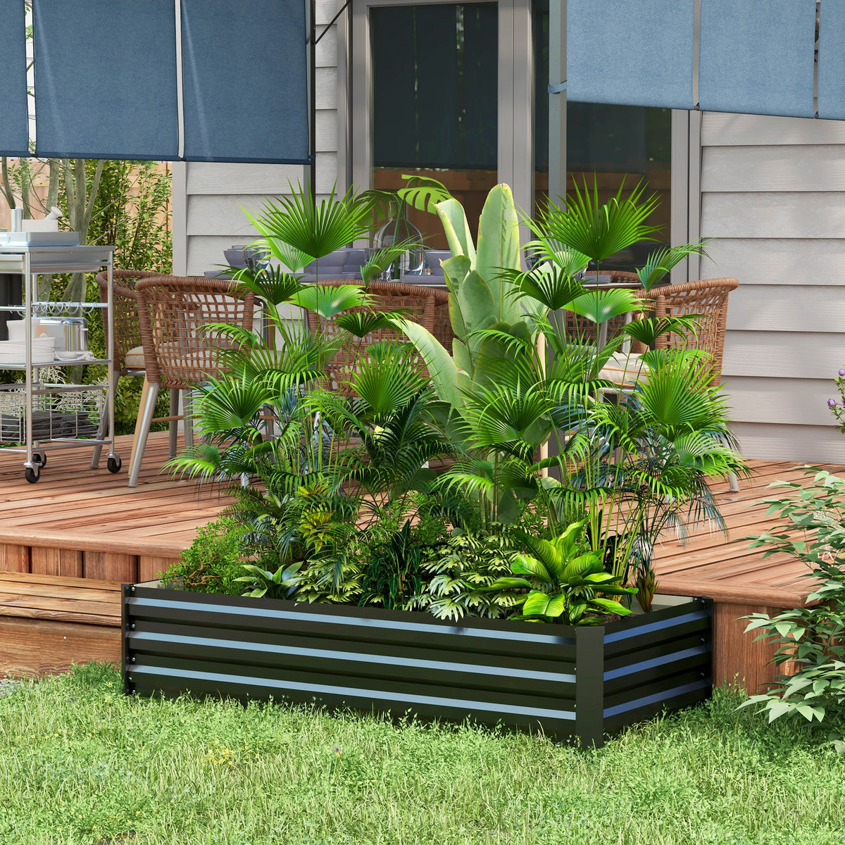 Jardinière rectangulaire potager de jardin bac à fleurs en acier avec bordure de sécurité et fond ouvert noir-1