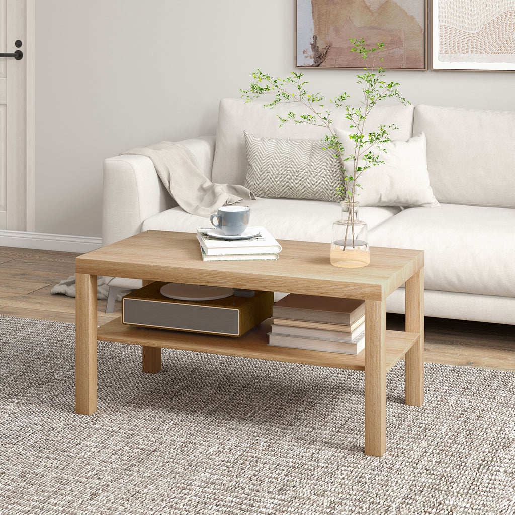 Table basse de salon, table d'appoint rectangulaire à 2 niveaux avec étagère de rangement, 90x45x44,5cm, bois naturel-1