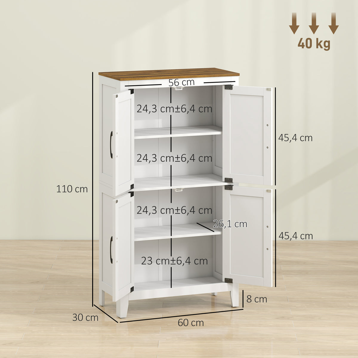 Meuble de salle de bain, meuble de rangement étroit avec 4 portes de grange et étagères réglables, blanc-2