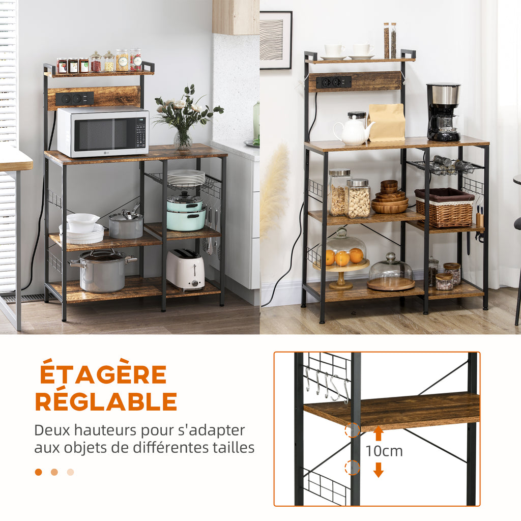 Meuble de cuisine avec prises intégrées pour micro-ondes avec étagères, style industriel, 90x42x130cm, marron-4
