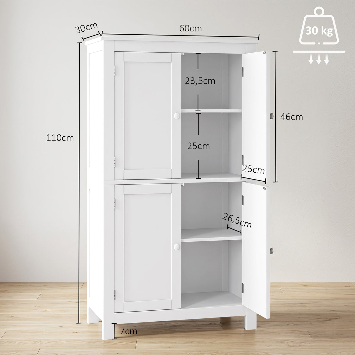 Meuble de salle de bain, meuble de rangement étroit avec 4 portes et étagères réglables, style moderne, blanc-2