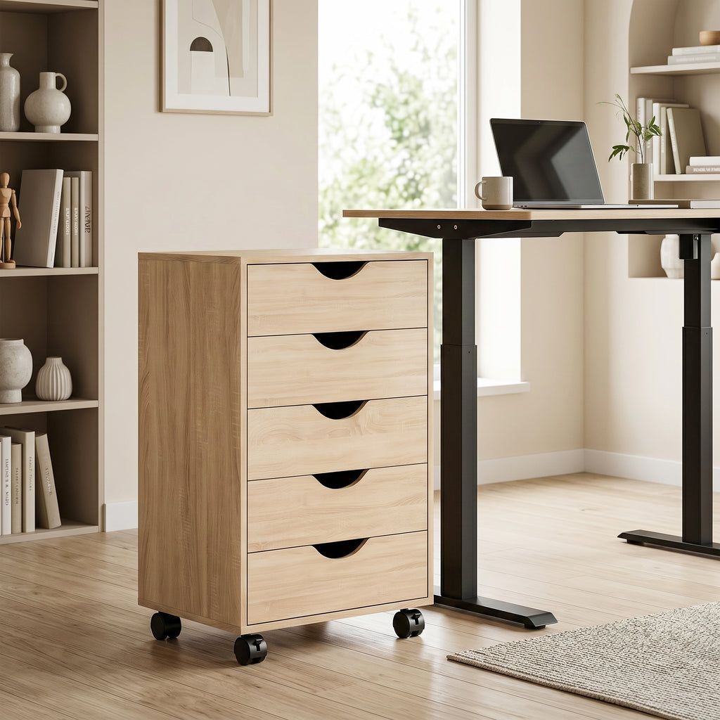 Caisson bureau mobile, meuble rangement sur roulettes avec 5 tiroirs, bois, 40 x 40 x 67 cm, chêne-1