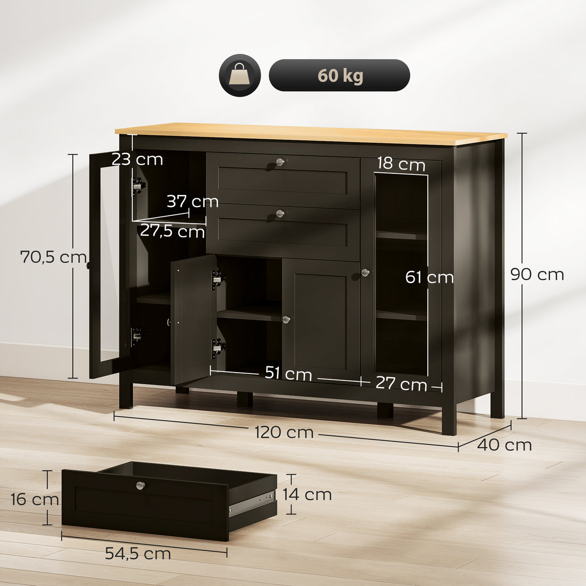 Buffet meuble de rangement 1 placard double porte 2 placards à porte vitrée 2 tiroirs étagère réglable 120x40x90cm noir-2