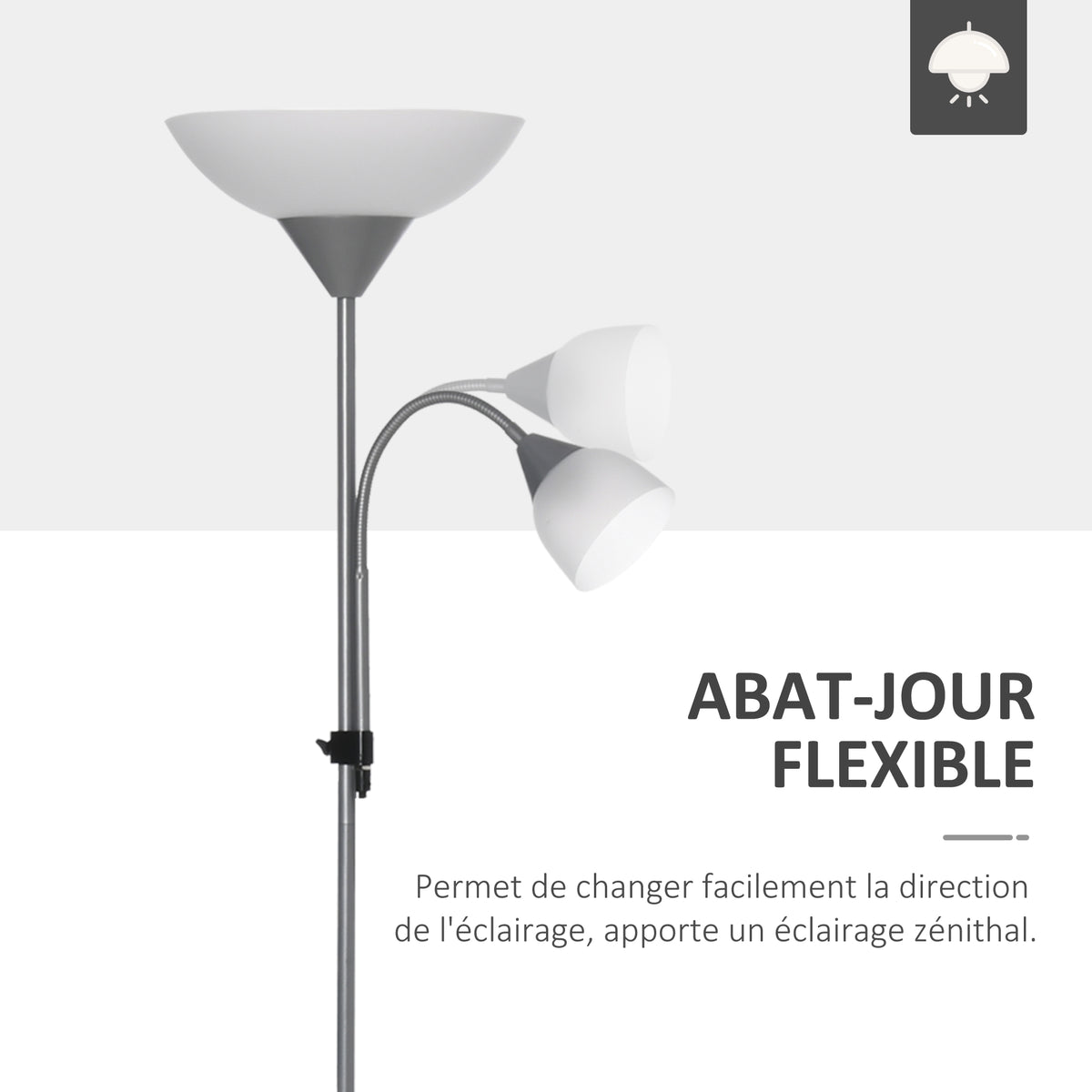 Lampadaire, lampe de salon sur pied avec 2 têtes douille E27 et E14, base en métal dim. Ø28 x 179,5H cm-4