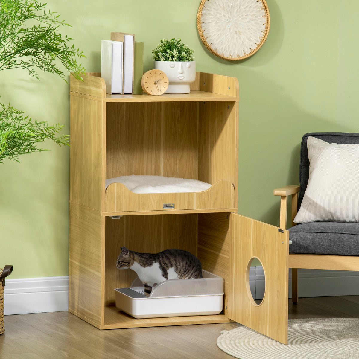Maison de toilette pour chat meuble litière chat 3 niveaux compartiment fermé par une porte 1 coussin 60 x 45 x 103 cm-9