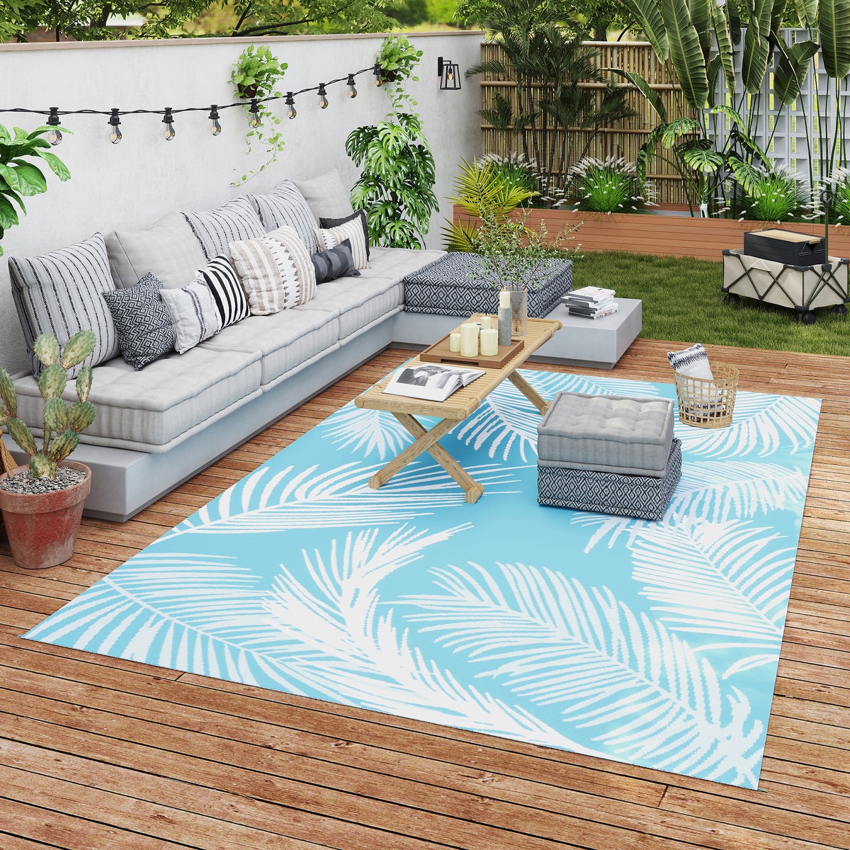 Tapis d'extérieur réversible 274x182 cm, tapis de sol en PP résistant aux intempéries, sac de transport, bleu-9