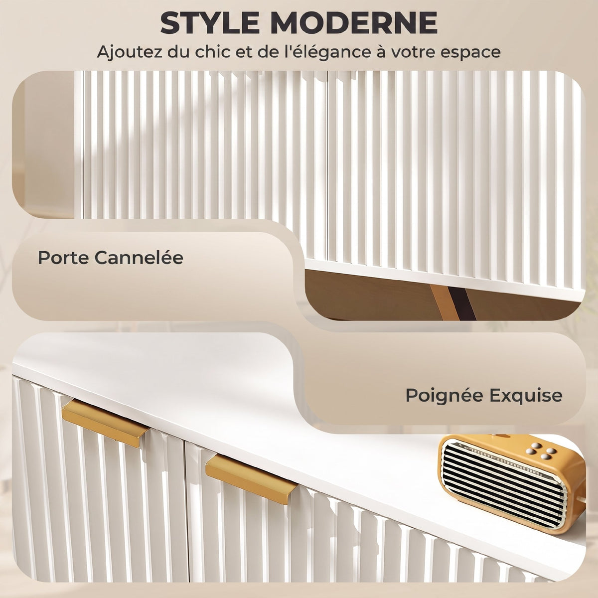 Meuble TV banc TV pour téléviseur jusqu'à 70 pouces - placard à 2 portes cannelées, compartiment ouvert et passe-câbles-3