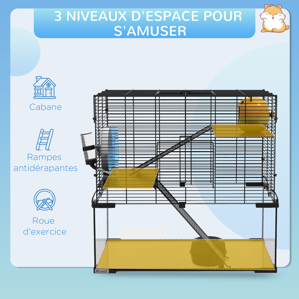 Cage hamster cage rongeur 3 niveaux avec roue rampes maisonnette abreuvoir mangeoire 60L x 40l x 54,5H cm noir-3