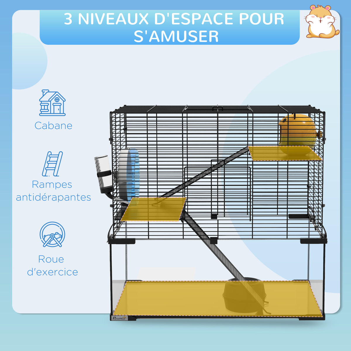 Cage hamster cage rongeur 3 niveaux avec roue rampes maisonnette abreuvoir mangeoire 60L x 40l x 54,5H cm noir-3