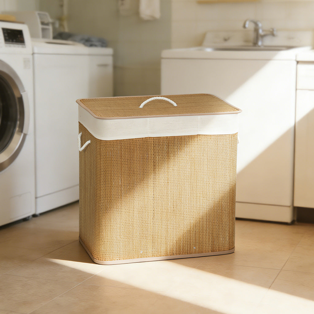 Panier à linge à trois compartiments avec couvercle, panier à linge en bambou 144 L avec poignées en corde-7