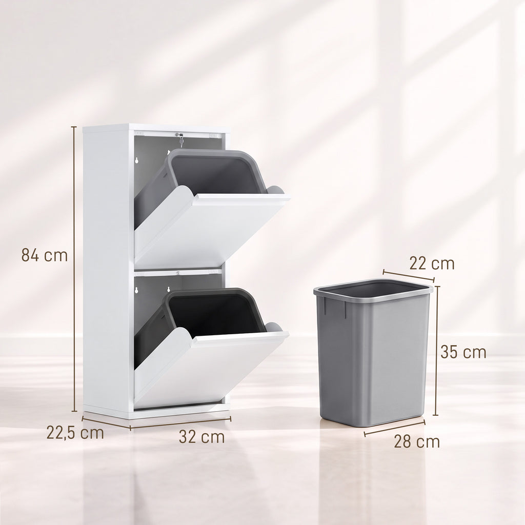 Meuble Poubelle de Tri Sélectif, Poubelle de Recyclage 30 L (2 x 15 L) avec 2 Compartiments, Fermeture Douce, Blanc-2