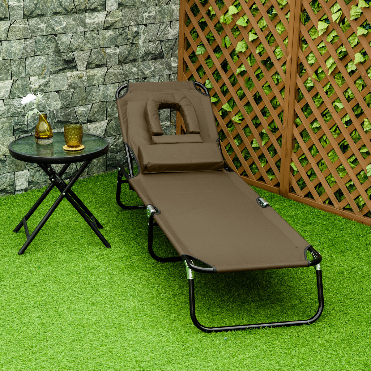 Transat de Jardin Chaise Longue Pliante Bain de Soleil avec Appuie-tête, Trou de lecture et Dossier Inclinable, Marron-1