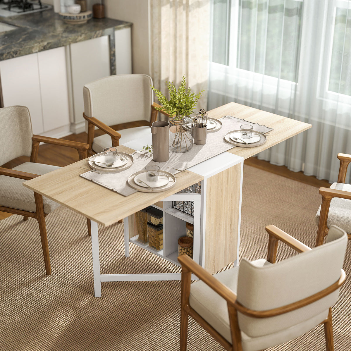 Table pliable de cuisine pour 4 personnes table à manger 4 niches intégrées pour petit espace dim. dépliées 169L x 62l x 75H cm MDF chêne clair acier blanc-1